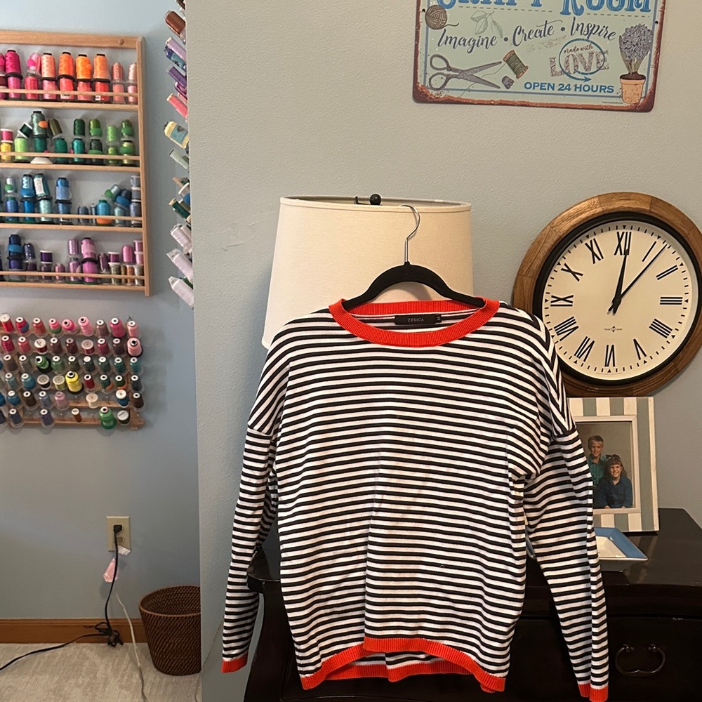 Jessica Black and White Striped Sweater with Orange Trim, size medium - Picture 2 of 13